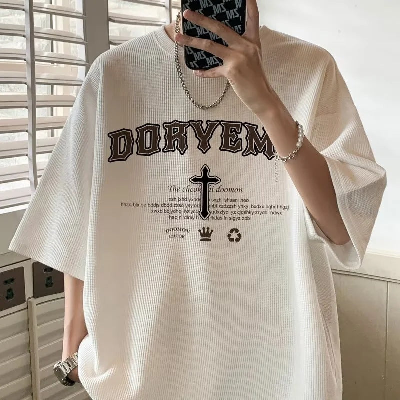 Men Waffle Short Sleeve T-Shirt White Casual Summer Style