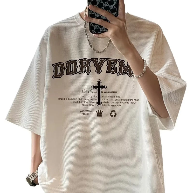 Men Waffle Short Sleeve T-Shirt White Casual Summer Style