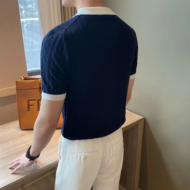 Men Navy Knitted Polo Shirt Loose Fit Autumn