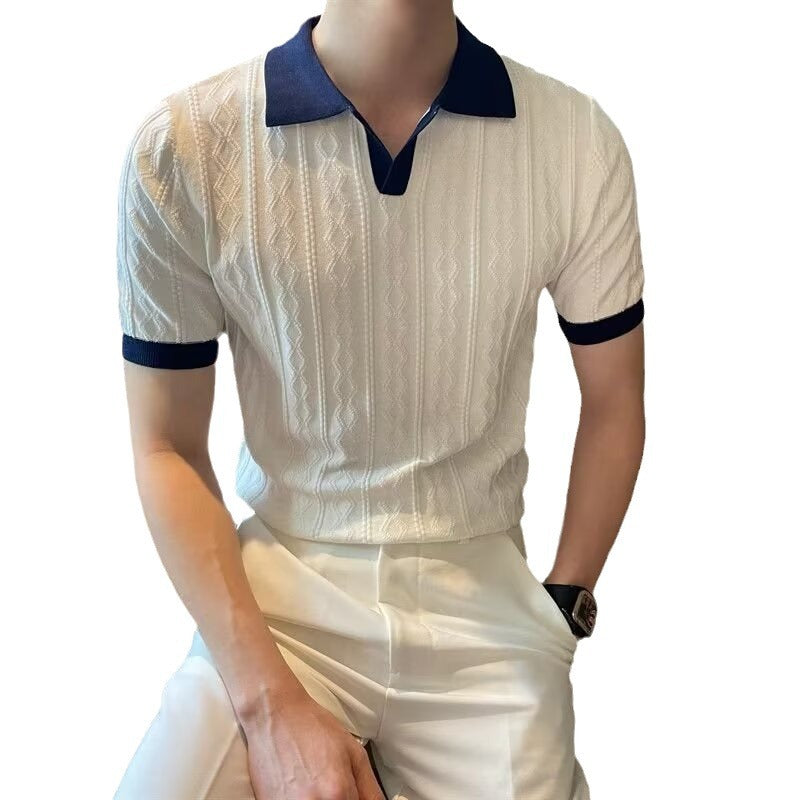Men Navy Knitted Polo Shirt Loose Fit Autumn