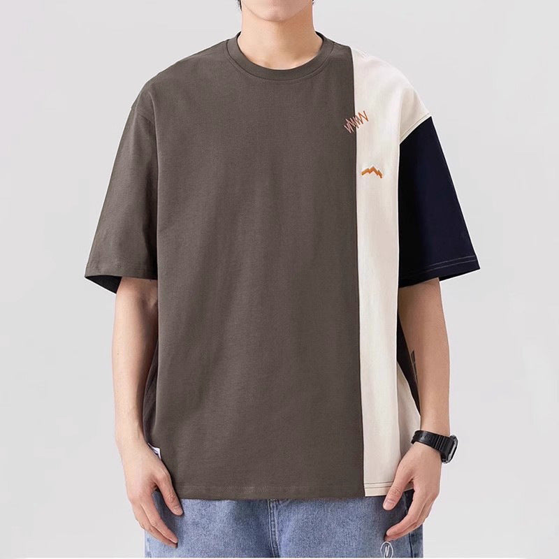 Men Cotton Contrast Stitch T-Shirt Loose Fit Summer