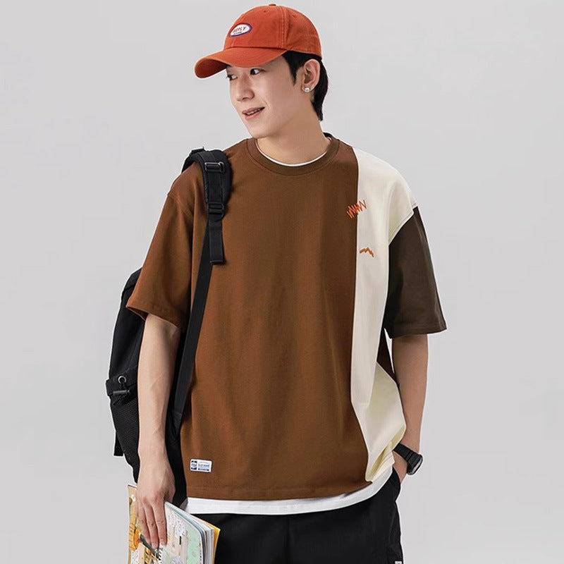 Men Cotton Contrast Stitch T-Shirt Loose Fit Summer