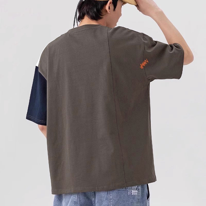 Men Cotton Contrast Stitch T-Shirt Loose Fit Summer