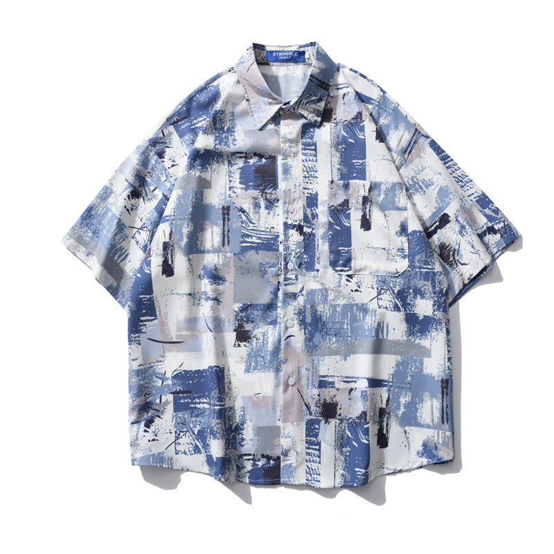 Men Printed Casual Short Sleeve Shirt Summer Loose Fit